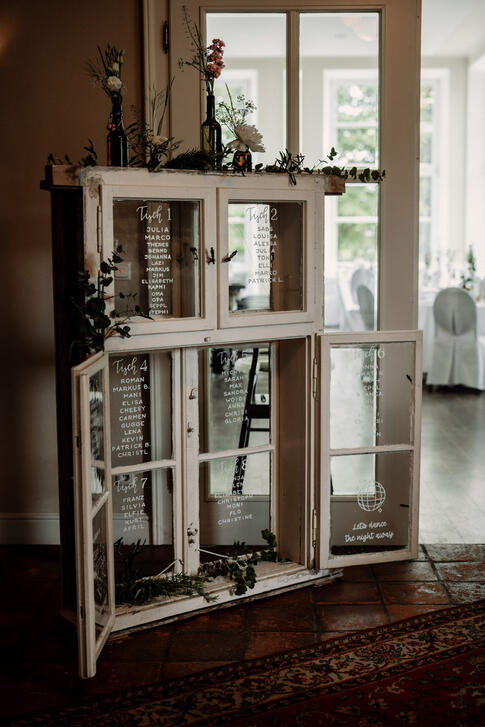 Das Bild zeigt einen Sitzplan, der auf ein altes Fenster gelettert wurde.