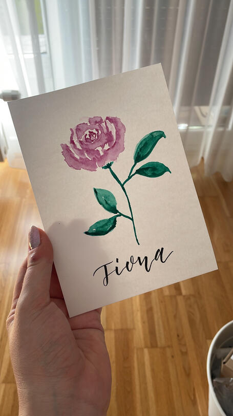 Das Bild zeigt eine gemalte Geburtsblume auf einer Karte mit dem Namen "Fiona"